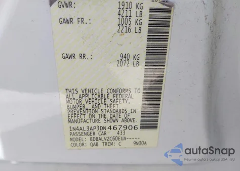 2013 Nissan Altima 2.5 Sl z USA, uszkodzony, nr VIN 1N4AL3AP3DN467906